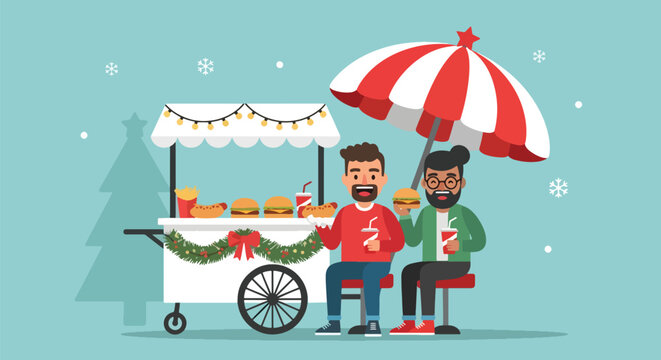 Adobe illustrator artwork vector illustration Happy couple enjoys festive hot dogs and burgers at a decorated Christmas market food stall, perfect for holiday season, winter celebrations