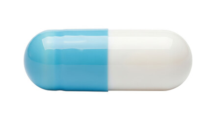 Close up of a blue and white gel capsule pill isolated on a dark surface