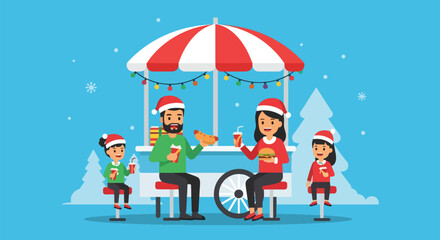 Adobe illustrator artwork vector illustration: Happy family enjoys hot dogs and burgers at a festive Christmas food cart, perfect for showcasing holiday traditions, winter fun
