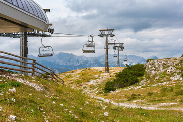Vogel resort chairlift in summer used for tourists out of season, Slovenia.