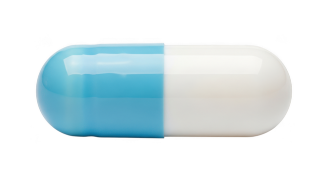 Close up of a blue and white gel capsule pill isolated on a dark surface