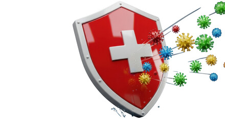 Red shield defending against viral attack symbolizing immunity health and protection