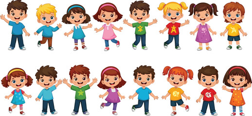 Cartoon vector illustration of diverse children waving and smiling in colorful outfits, celebrating inclusion, personality, and playful social interaction.