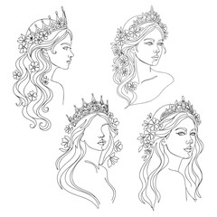 
Outline vector portrait of a woman with a crown on her head and flowers