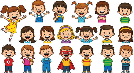 Cartoon vector illustration of diverse children with unique outfits, expressions, and poses, celebrating emotion, personality, and inclusive character design.