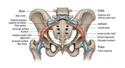 Detailed anatomical view of human pelvis bones ligaments and sacrum with muscle attachments