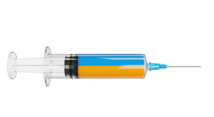 Syringe filled with blue and yellow liquid medical equipment for health and wellness