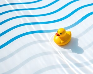 Yellow rubber duck toy floating on water with blue wavy lines and light reflections bath toy