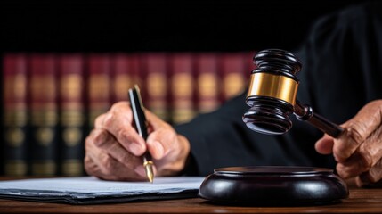 Legal Precision: A gavel and pen are poised over documents on a desk, symbolizing justice, law, and order. The image exudes gravitas.