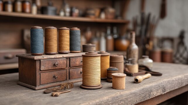 Vintage sewing tools and spools of thread on wooden table in old workshop featuring rustic decor and antique items for sewing enthusiasts and craftspeople - Powered by Adobe