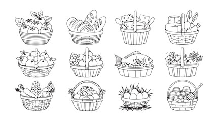Collection of twelve artistic hand-drawn line art cakes in decorative wrappers vector