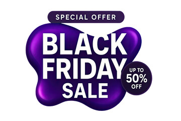 Modern Black Friday promotional sale banner with glowing purple fluid shape special offer text and discount announcement isolated on white background