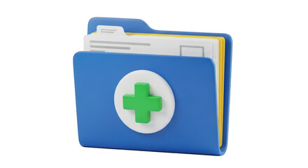 Blue medical folder with green cross symbol for health records and information management