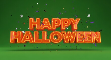 Obraz premium Vibrant Happy Halloween greeting with cute ghosts and falling confetti on a festive green backdrop for invitations and social media posts
