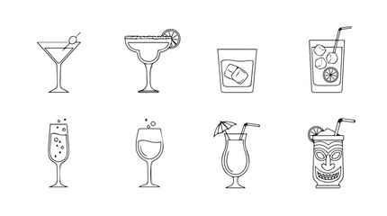 Collection of eight hand-drawn cocktail glasses with refreshing drinks and garnishes vector