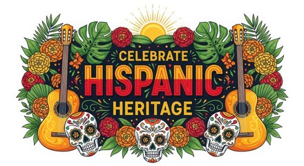 Vibrant Hispanic Heritage Celebration Design with Guitars Sugar Skulls and Festive Floral Arrangements Depicting Cultural Richness and Traditions