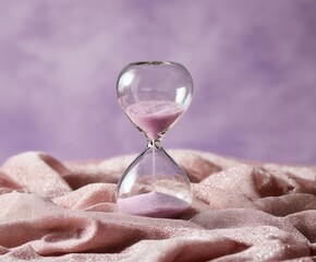 Hourglass with pink sand on textured fabric background