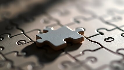 Single puzzle piece nearing completion, dramatic shadows highlighting connection.