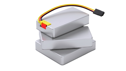 Stack of three silver lithium polymer batteries with wires isolated on transparent background