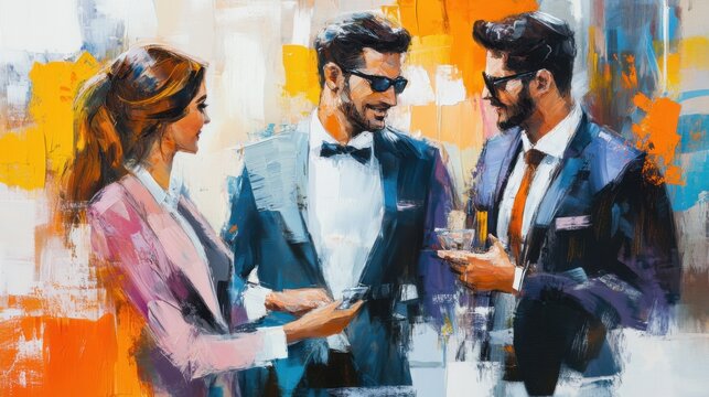 Elegant encounter: Modern painted rendition of a stylish business trio