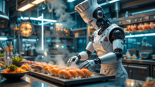 Industrial robot chef preparing pizza dough in factory kitchen, modern automation food production concept