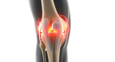 Anatomical medical visualization of a knee joint with highlighted inflammation and pain signals