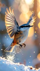 A bird in flight, sunlit, snow