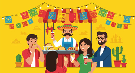 Adobe illustrator artwork vector illustration: People enjoy delicious tacos at a vibrant Mexican street food stall with festive decorations, perfect for illustrating cultural cuisine, celebrations