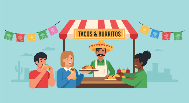 Adobe illustrator artwork vector illustration: People enjoy delicious tacos at a vibrant Mexican street food stall with festive decorations, perfect for illustrating cultural cuisine, celebrations - Powered by Adobe