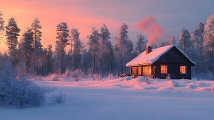 Kabin nyaman bersinar hangat di hutan matahari terbenam musim dingin yang bersalju