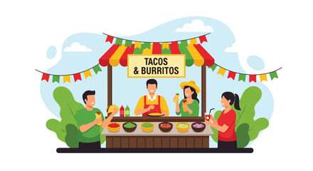 Adobe illustrator artwork vector illustration: People enjoy delicious tacos at a vibrant Mexican street food stall with festive decorations, perfect for illustrating cultural cuisine, celebrations