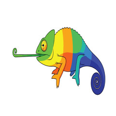 Colorful cartoon chameleon extends its long tongue, ready to catch prey.