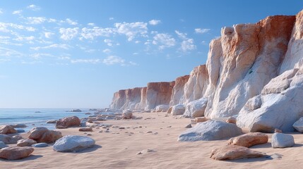 Eroded Sandstone Cliffside Beach Under Clear Sky with Azure Waters and Soft Sunlight
