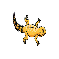 Cartoon illustration of a yellow bearded dragon with stripes and spiky tail, isolated on a white background.
