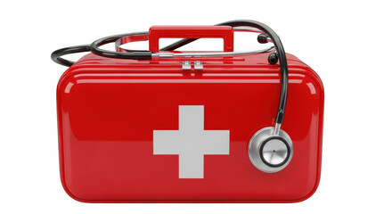 Red first aid kit with stethoscope isolated on black for medical emergency preparedness