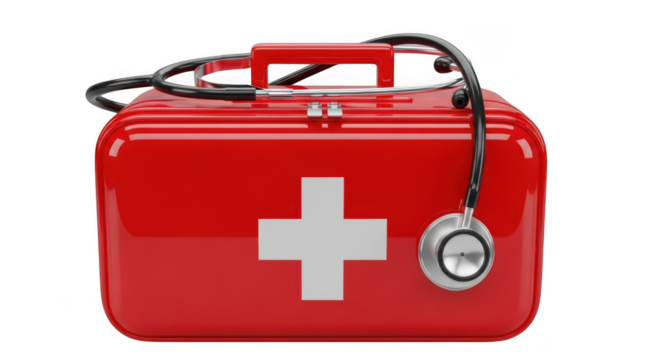 Red first aid kit with stethoscope isolated on black for medical emergency preparedness