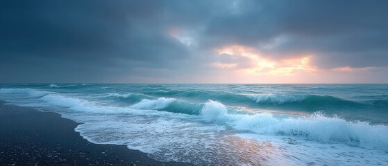 Dramatic Ocean Waves Crashing Against Beach Under Stormy Sky Illuminated By Sunset Light