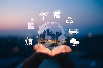 Hands holding a globe with city skyline and environmental icons concept for sustainability and clean energy vector illustration