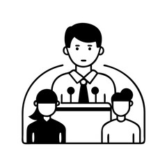 Vector art of a man speaking at a podium with two people listening
