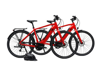 Two bright red electric bicycles with sleek lines, matte black fenders, and an aerodynamic helmet, on a seamless transparent studio background, 45-degree angle view, high-key. Commercial product