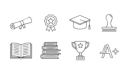 Set of educational icons featuring graduation cap diploma books trophy and symbolism for learning vector