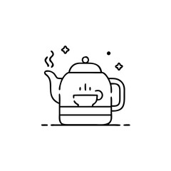 Obraz premium Vector art of a charming line art illustration of a teapot with a steaming cup inside, , evoking warmth and comfort
