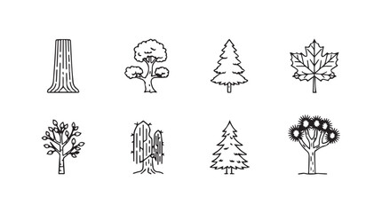 Diverse hand-drawn tree collection stylized outline icons for nature design elements vector