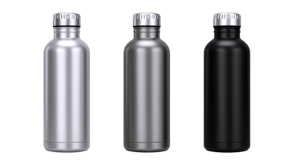 Three sleek reusable water bottles in silver gray and black isolated on transparent background