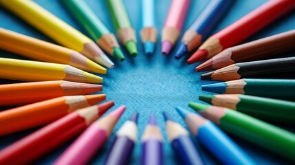 Fototapeta premium Colorful pencils arranged in a circle on a blue wooden background creating a vibrant design