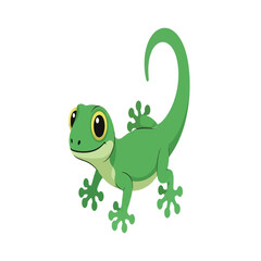 A vibrant green gecko, depicted in a cartoon style, stands on a white background, smiling.
