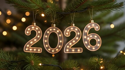 Illuminated 2026 ornaments hanging on a christmas tree with bokeh lights