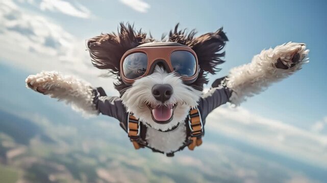 A miniature sheepadoodle enjoys a thrilling adventure in the sky, donning stylish goggles.
