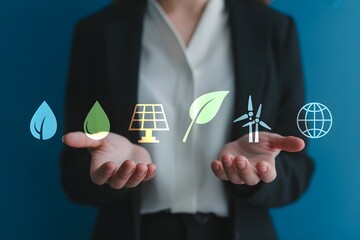 Woman presenting renewable energy icons symbolizing sustainability and environmental awareness ideal for green technology presentations