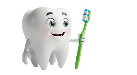 Happy cartoon tooth character holding a green toothbrush with a friendly smile